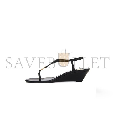 YSL BLACK CASSANDRA LEATHER WEDGE SANDAL 